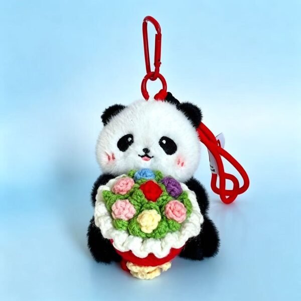 Cute Crochet Panda Flower Bouquet Keychain Handmade Plush Bag Charm Gift
