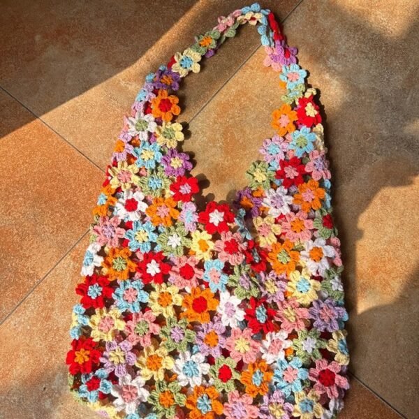 Colorful Crochet Flower Bag Handmade Floral Tote Shoulder Bag Fashion Accessory