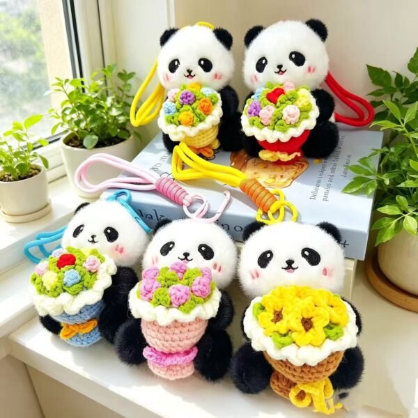 Cute Crochet Panda Flower Plush Keychain Handmade Animal Bag Charm