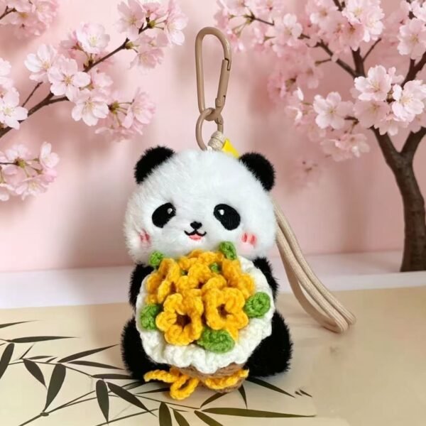 Handmade Crochet Panda Flower Bouquet Pendant Cute Plush Keychain Gift