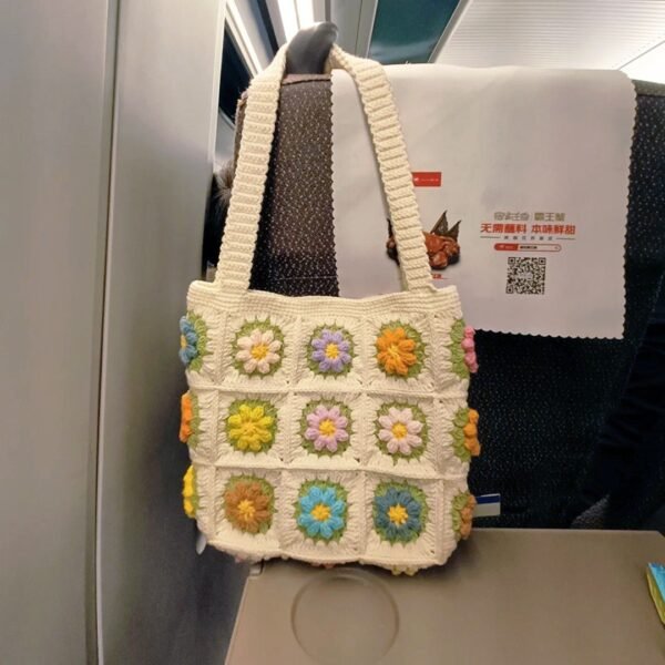 Handmade Crochet Flower Granny Square Tote Bag Colorful Shoulder Bag